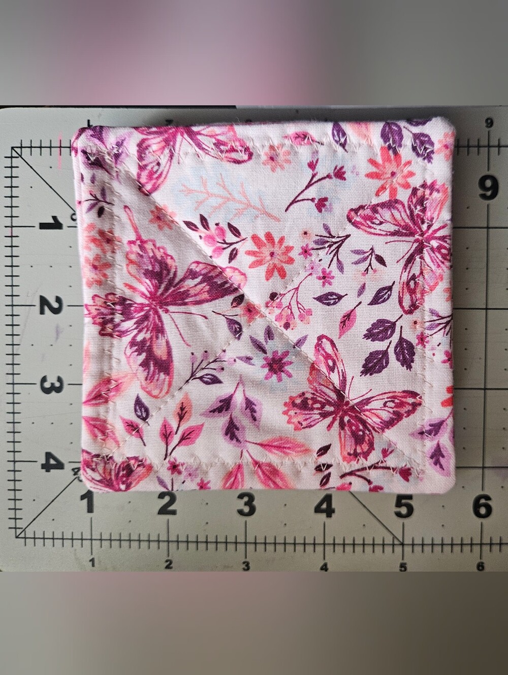 Pink & Purple Butterfly Floral Fabric Square Cup Coasters - HANDMADE